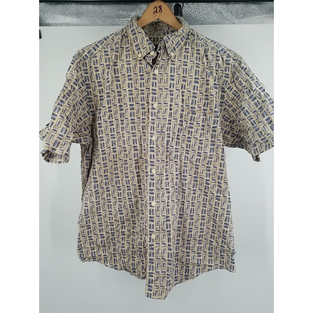 David Taylor Mens Short Sleeve Button Up Shirt Large L Geometric Cotton Pocket